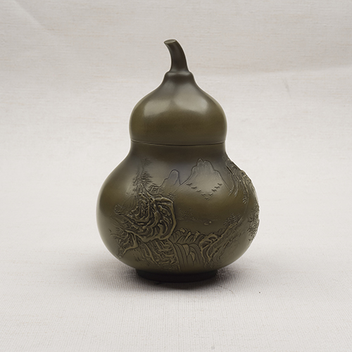 葫蘆堆雕山水茶罐-窯變 