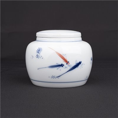 手繪青花-R108茶罐 ［藍+紅魚］